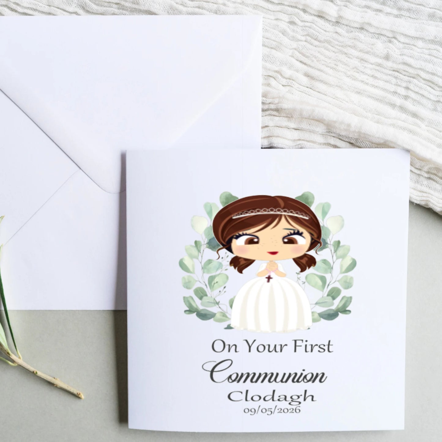 Personalised First Communion card with illustrated girl or boy design, customised with child’s name and date, Irish made.