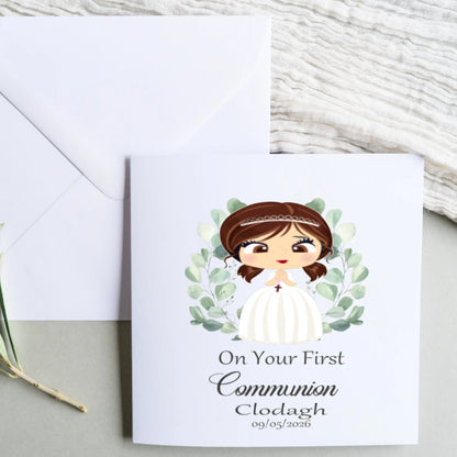 Personalised First Communion card with illustrated girl or boy design, customised with child’s name and date, Irish made.