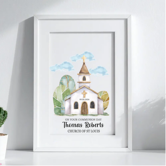 Personalised First Communion church print with watercolour church illustration and optional white frame, Irish made keepsake.