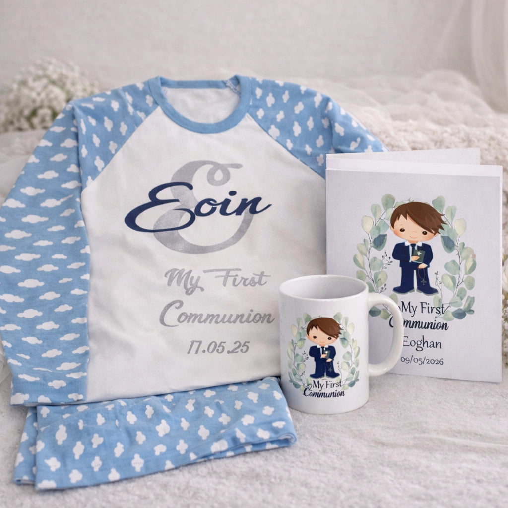 Personalised First Communion cloud pyjamas bundle with matching mug and card, Irish made and personalised in Co. Meath