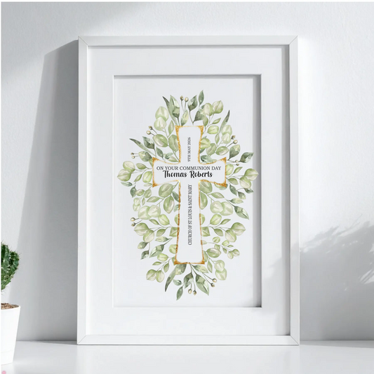 Personalised First Communion botanical cross print with greenery wreath and optional white frame, Irish made keepsake.