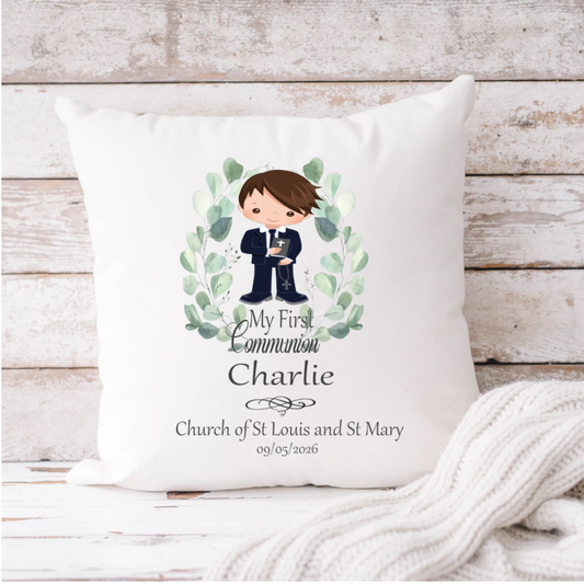 Personalised First Communion white velvet cushion for boys, printed in Ireland with child’s name, church and Communion date