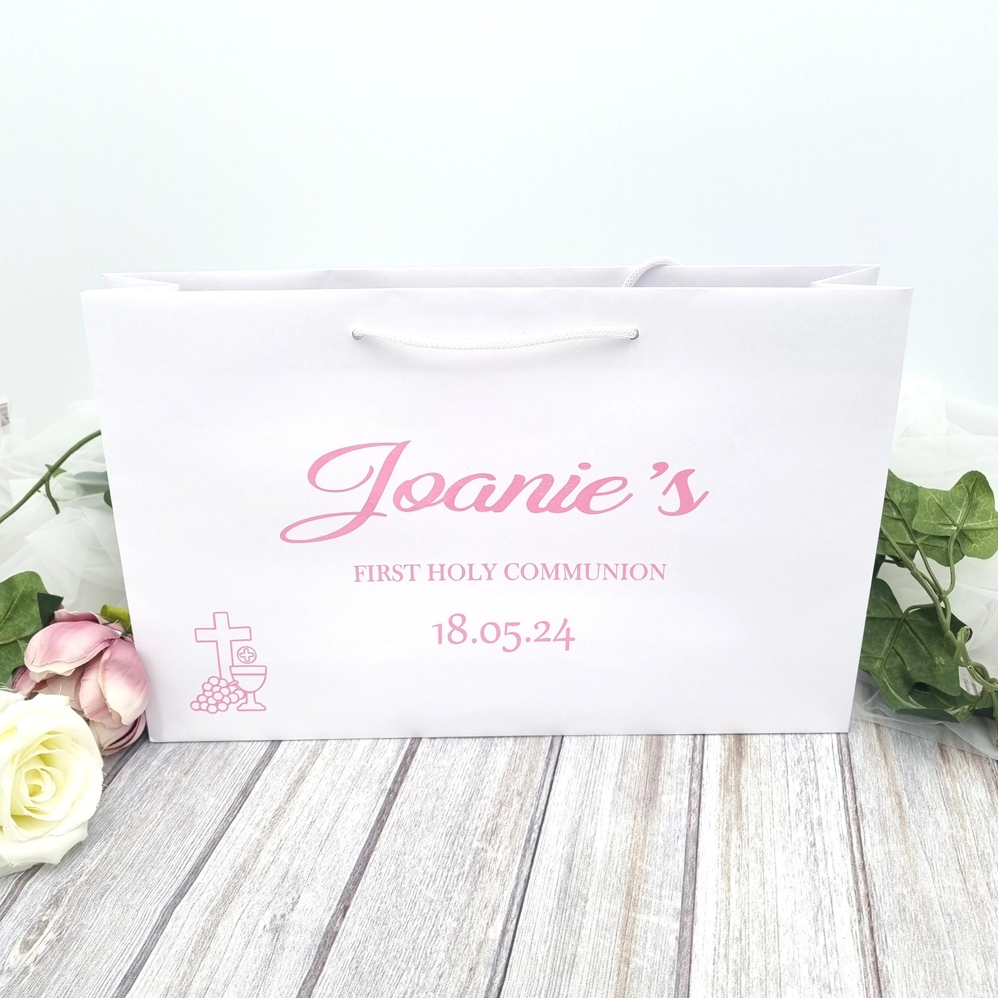 Personalised First Communion gift bag with custom name and floral design, Irish made presentation bag