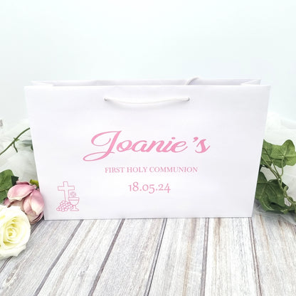 Personalised First Communion gift bag with custom name and floral design, Irish made presentation bag