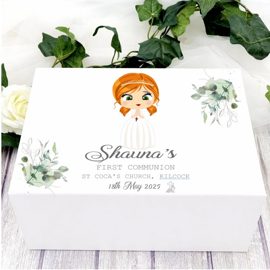 Personalised First Communion gift box with custom name, church and date, Irish made keepsake