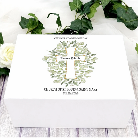 Personalised First Communion keepsake box with botanical cross design, Irish made Communion memory box