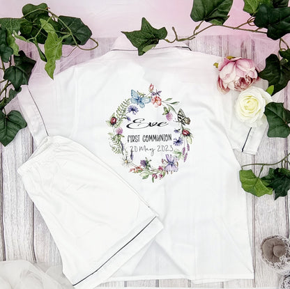 Personalised First Communion pyjamas with name and date printed, Irish made children’s communion keepsake