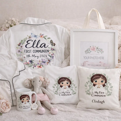 Personalised First Communion gift bundle including robe, pyjamas, mug, frame, teddy, cushion and tote bag, Irish made and personalised in Co. Meath