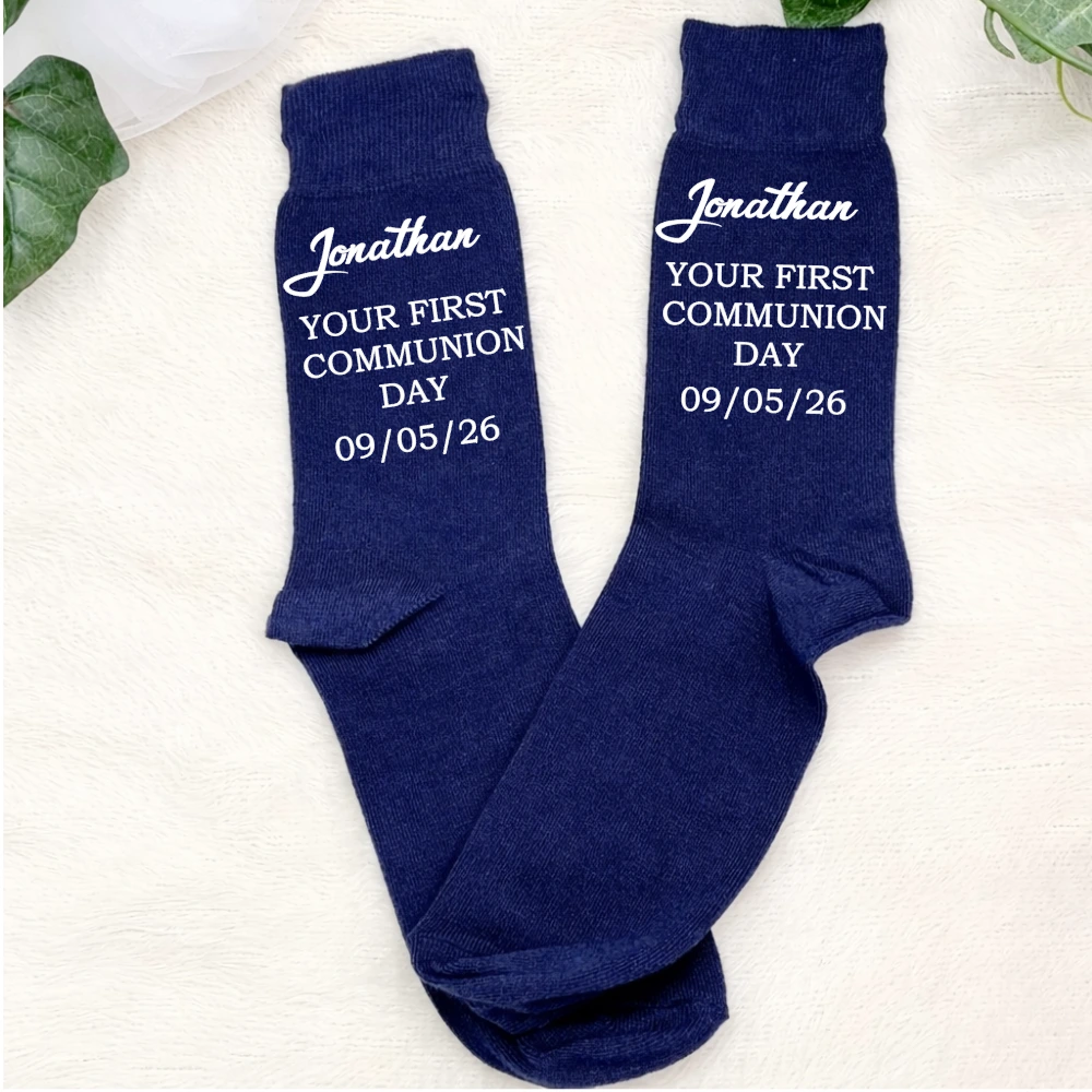Personalised First Communion socks in navy with name and date, Irish made Communion keepsake gift