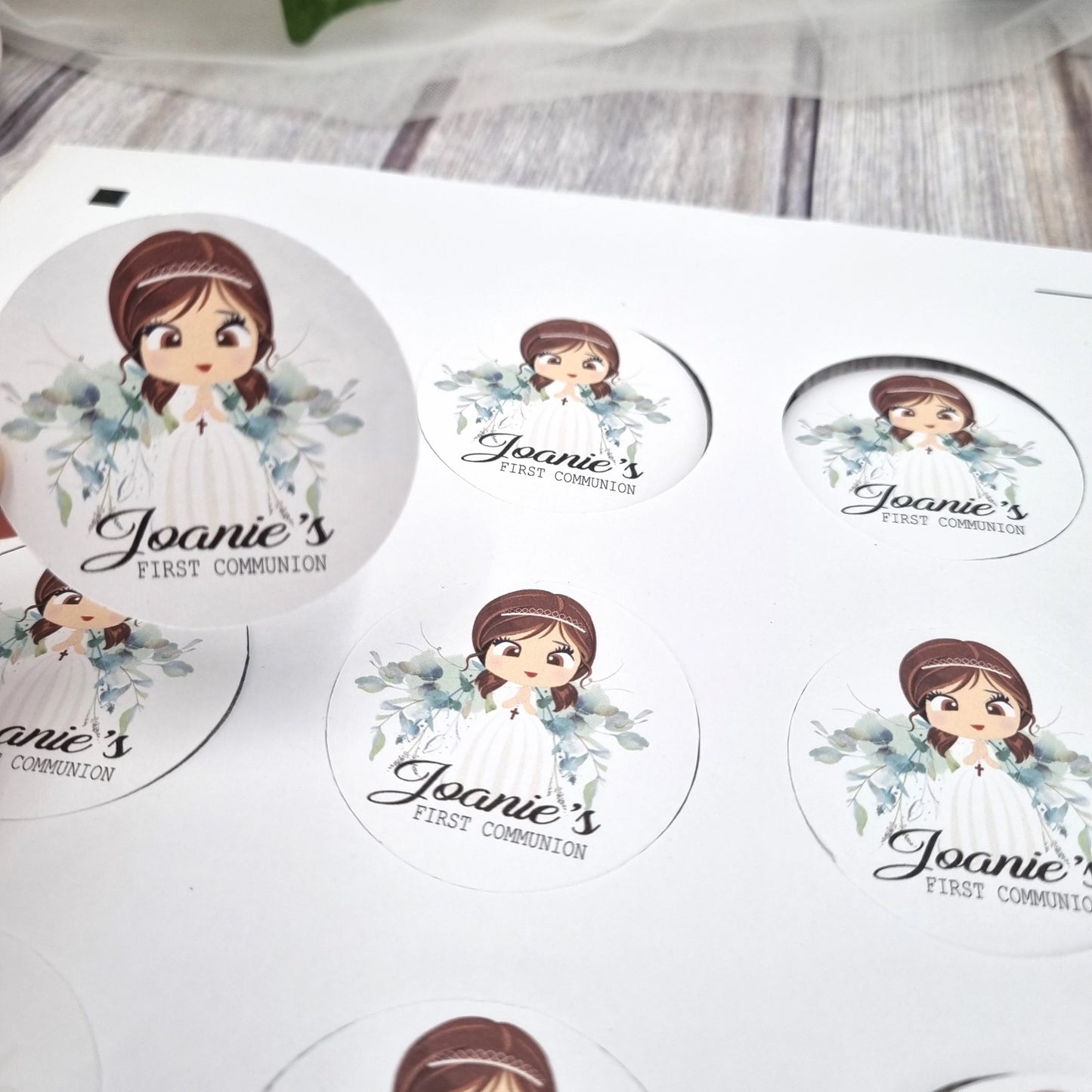 Personalised First Communion sticker sheets featuring name and date, floral designs, set of custom peeland-stick stickers, Irish made