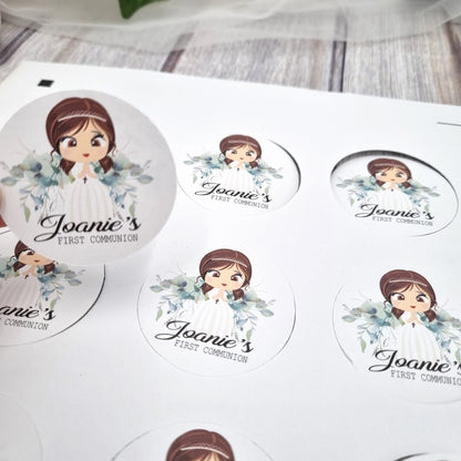 Personalised First Communion sticker sheets featuring name and date, floral designs, set of custom peeland-stick stickers, Irish made