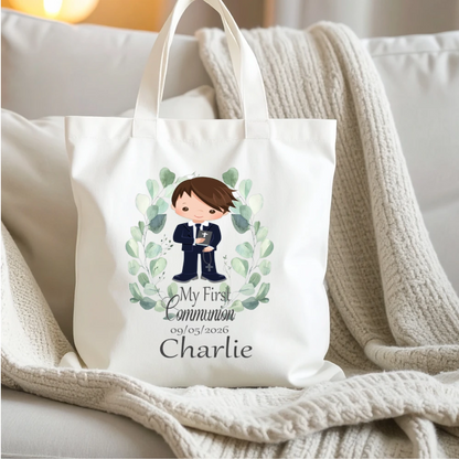 Personalised First Communion tote bag for boys, printed in Ireland with child’s name and First Holy Communion date, reusable keepsake gift