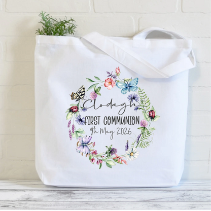 Personalised First Communion tote bag with floral wreath and butterfly design, printed in Ireland with child’s name and Communion date, reusable keepsake bag