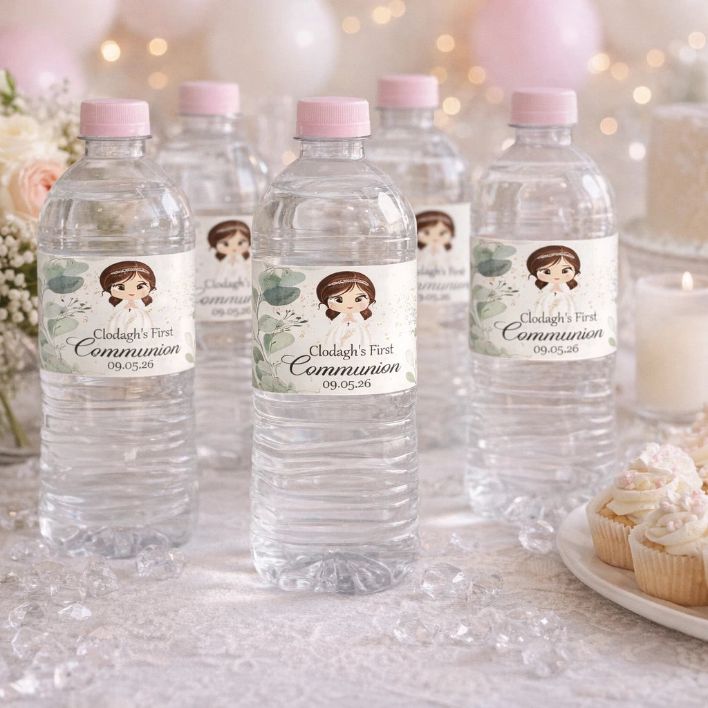Personalised First Communion water bottle labels with name and date, Irish made Communion party decoration