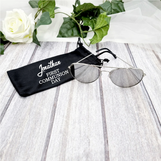 Personalised First Communion sunglasses with custom name case, Irish made Communion gift for boy
