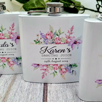 White personalised hip flask with floral watercolour design and custom name “Karen’s Dancing Juice” with wedding date, stainless steel lid, unique hen party and wedding gift Ireland.