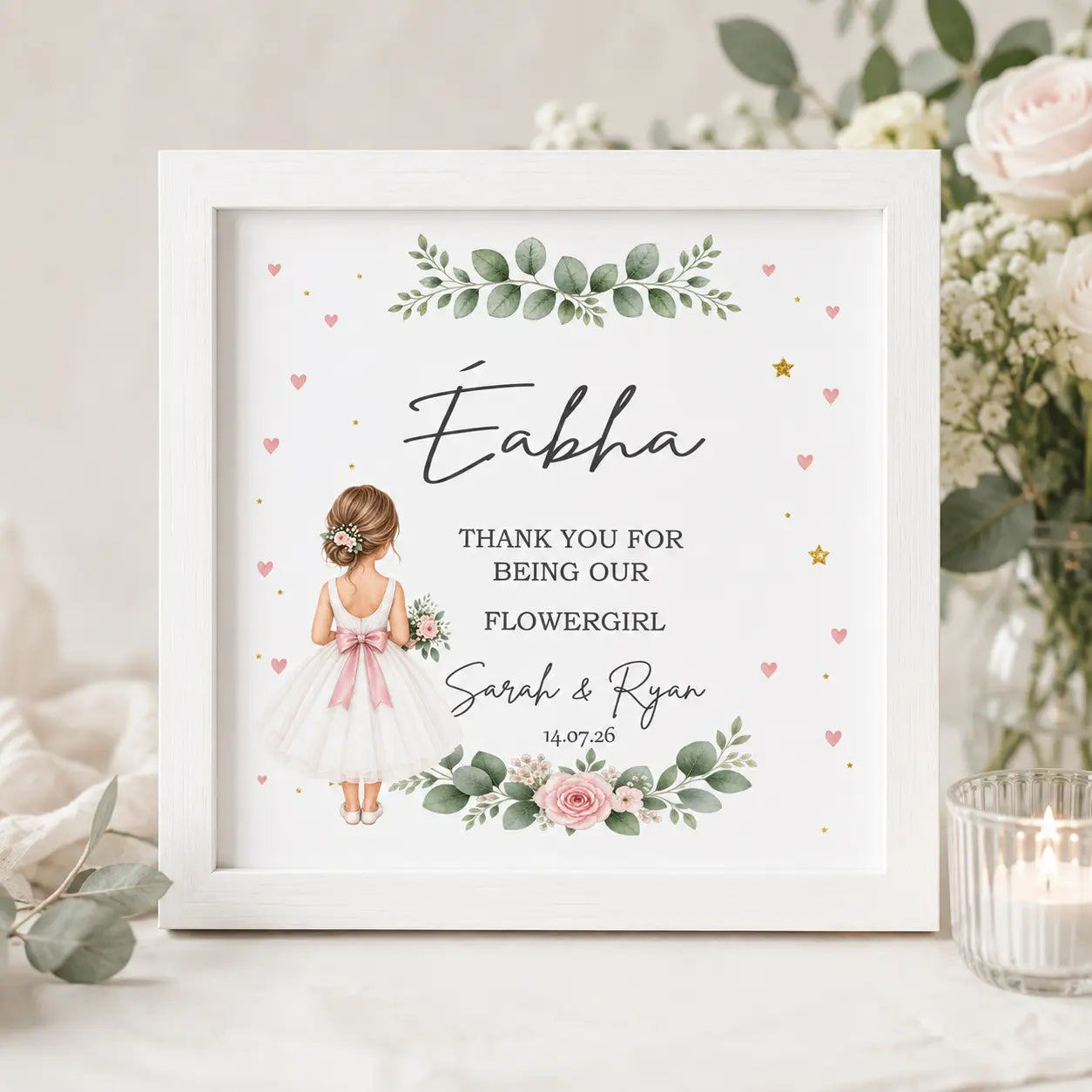 Personalised Flower Girl wedding frame with name, couple’s names and wedding date in a white 10 inch Irish wooden frame