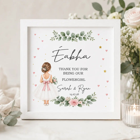 Personalised Flower Girl wedding frame with name, couple’s names and wedding date in a white 10 inch Irish wooden frame