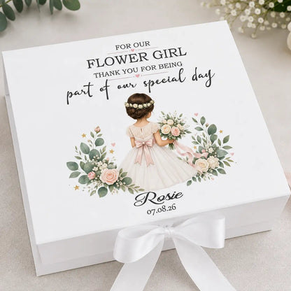 Personalised white Flower Girl gift box with child’s name, wedding date, pink floral design and Flower Girl illustration