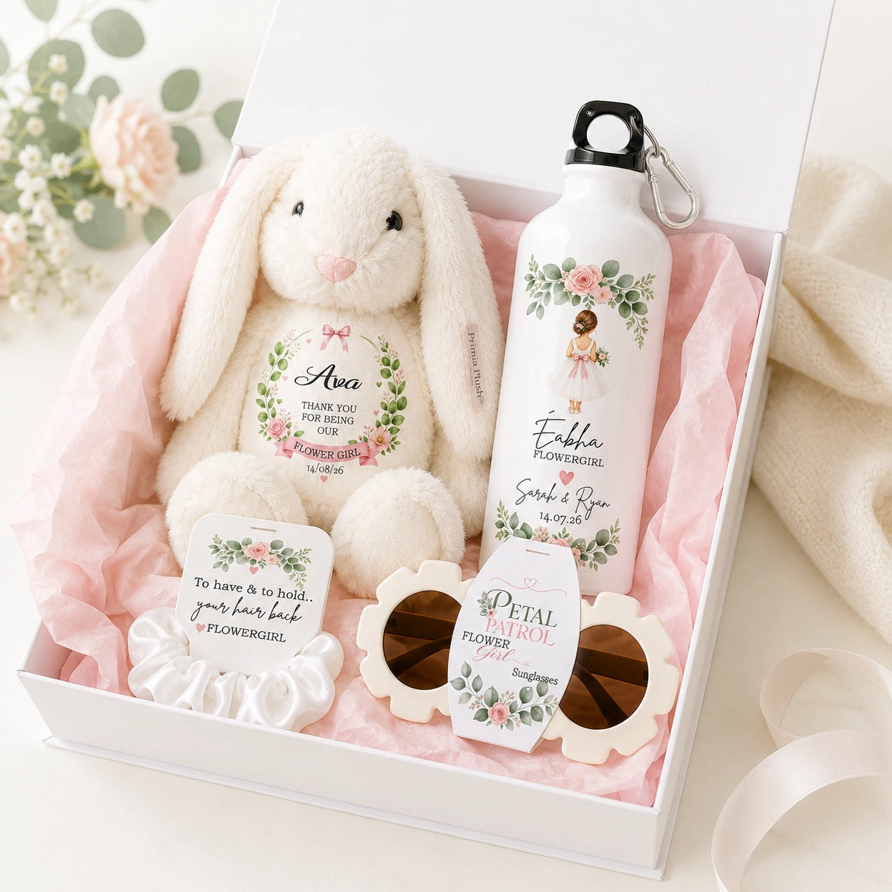 Personalised flower girl gift box set with teddy, drinks bottle, flower sunglasses and white scrunchie