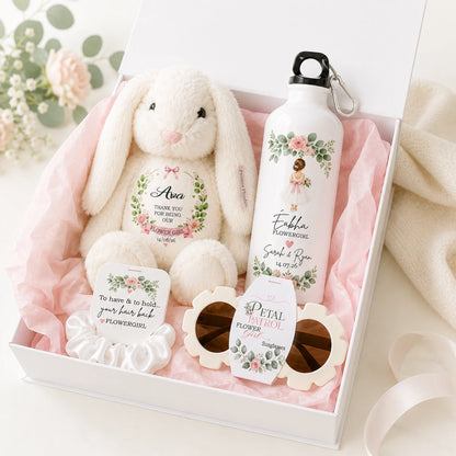 Personalised flower girl gift box set with teddy, drinks bottle, flower sunglasses and white scrunchie