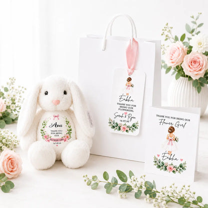 Personalised flower girl gift set with white bunny teddy, gift bag, personalised tag and matching flower girl thank-you card