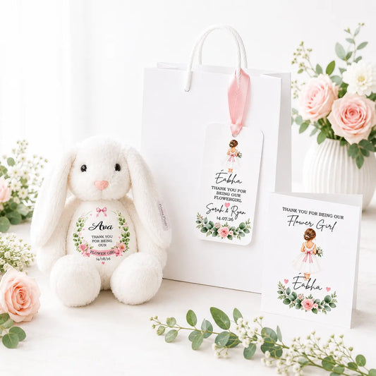 Personalised flower girl gift set with white bunny teddy, gift bag, personalised tag and matching flower girl thank-you card
