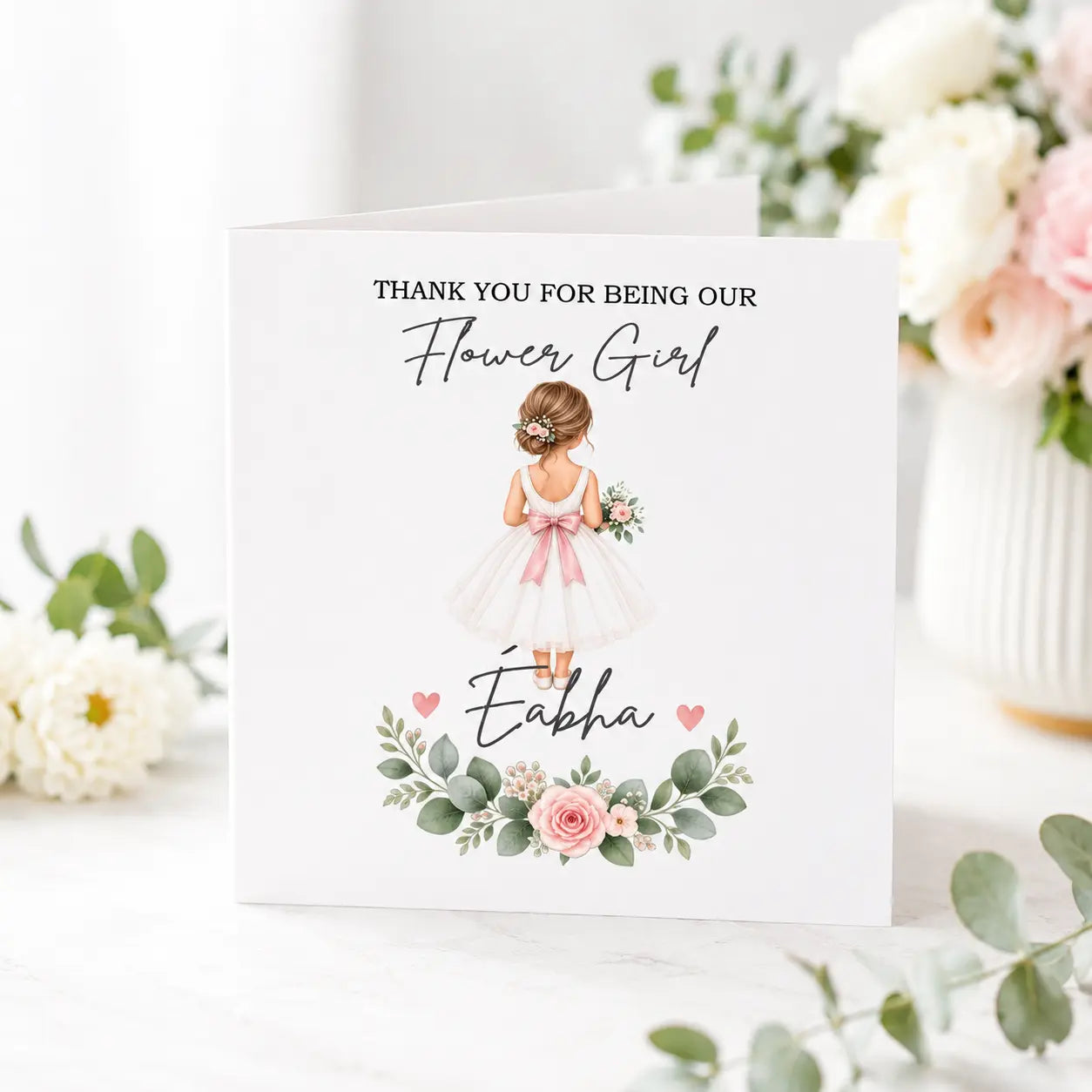 Personalised flower girl thank you card with name, pink floral design and flower girl illustration, printed in Ireland
