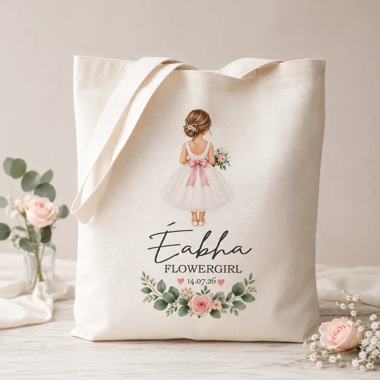Personalised flower girl tote bag with name and wedding date, pink floral design and flower girl illustration