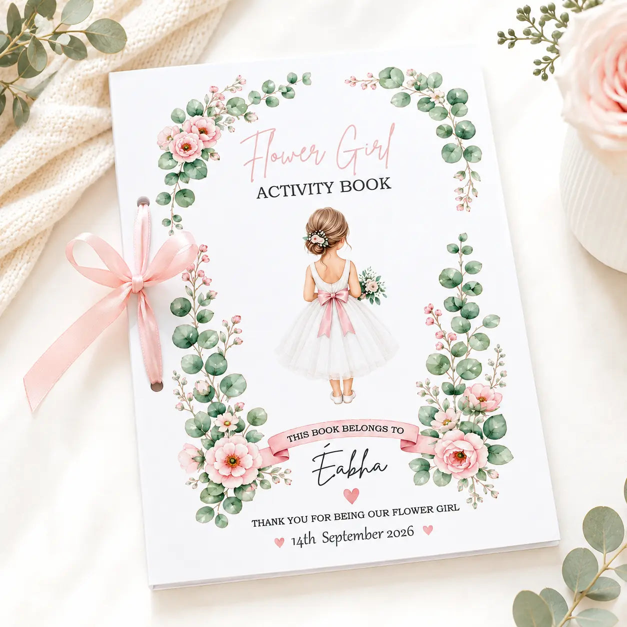 Personalised flower girl wedding activity book with name and wedding date, made to order in Ireland