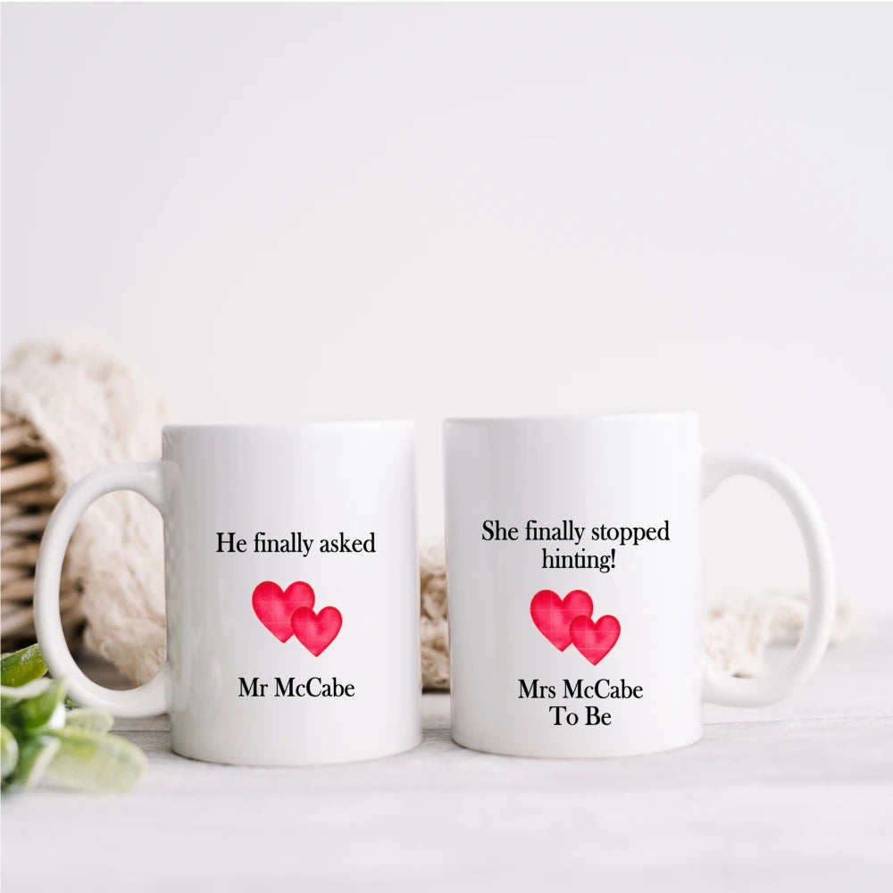Personalised funny engagement mugs set with names, His and Hers white ceramic mugs, Irish made engagement gift from Co. Meath