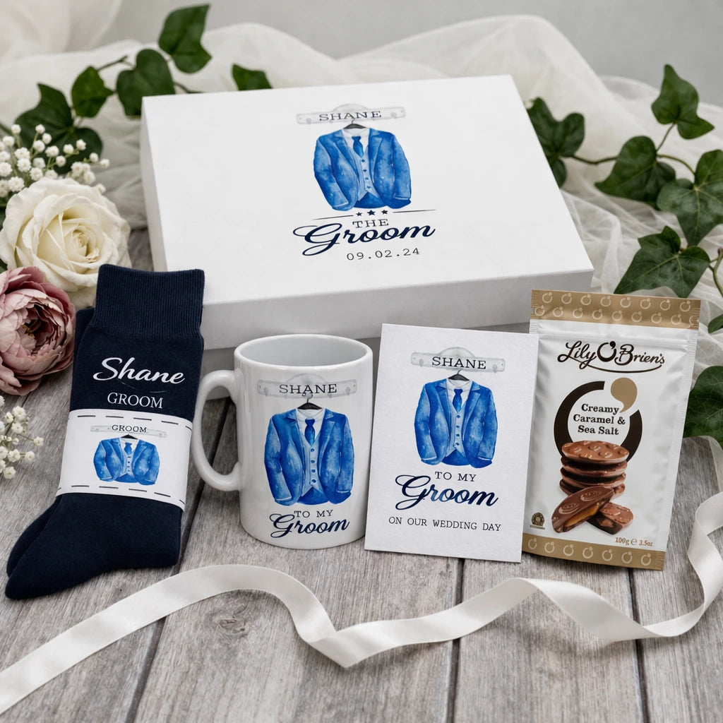 Personalised groom gift set with box socks mug card chocolates Ireland wedding gift for groomsmen best man father