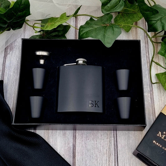 Personalised groom hip flask gift set with initials and matching shot glasses, groomsmen wedding gift Ireland