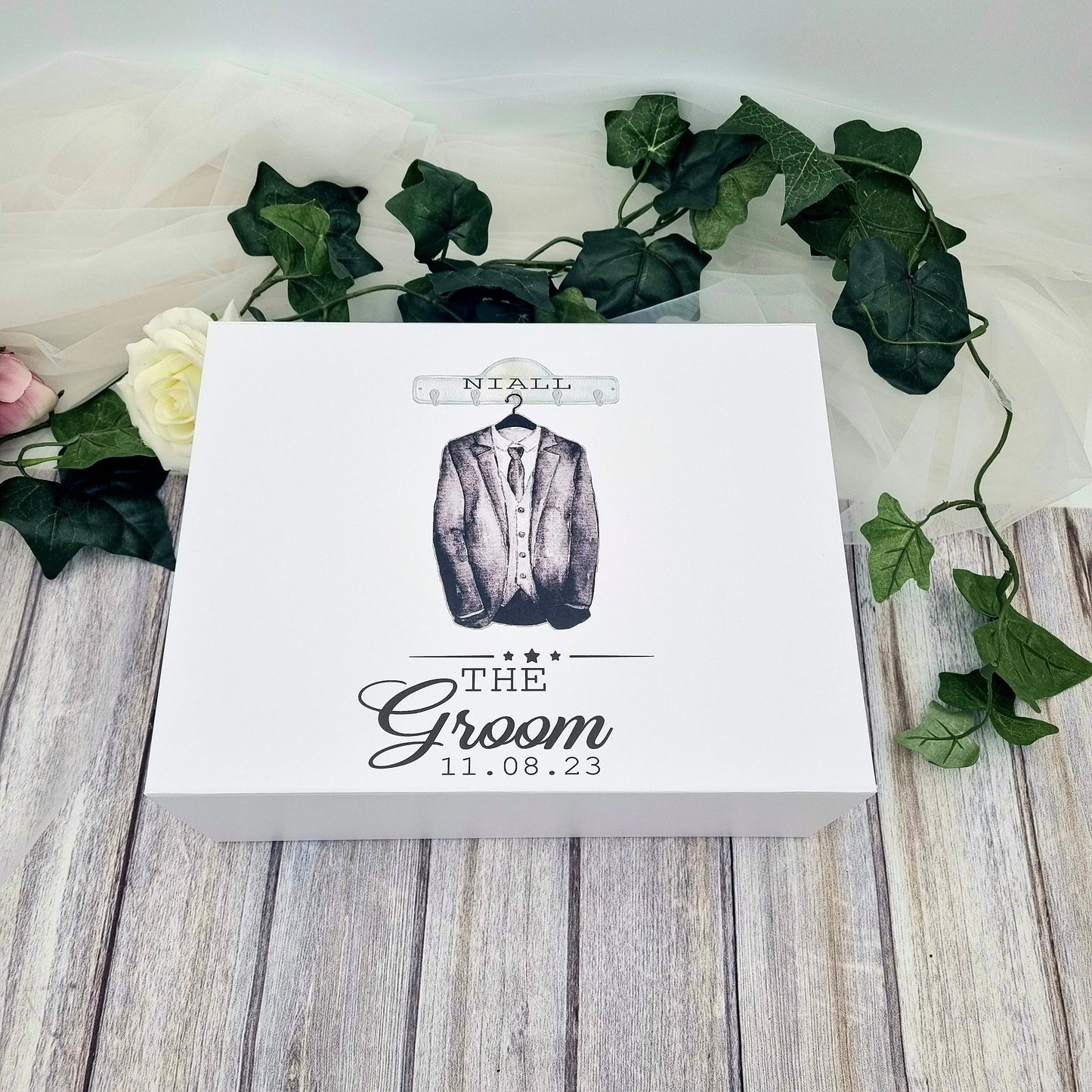 personalised groom keepsake box ireland with suit illustration name and wedding date gift