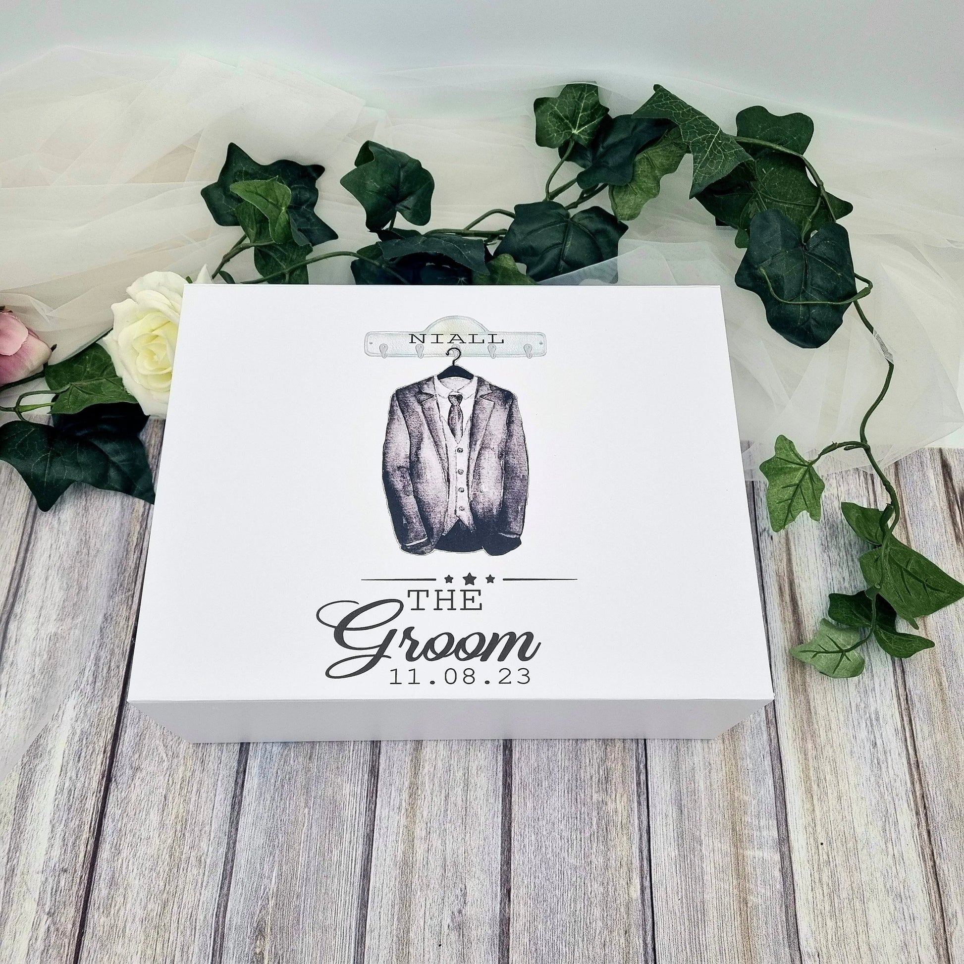 personalised groom keepsake box ireland with suit illustration name and wedding date gift