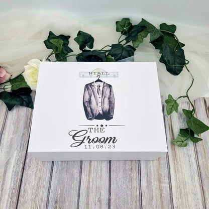 personalised groom keepsake box ireland with suit illustration name and wedding date gift