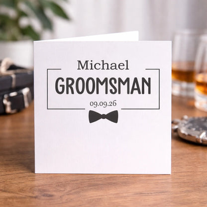 black personalised groomsman card with name role and date wedding gift