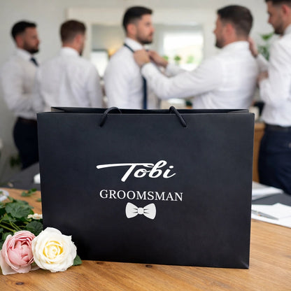 Personalised black groomsman gift bag with name Tobi and bow tie design wedding morning gift Ireland