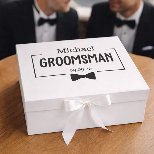 Personalised groomsman gift box with name role and date, wedding proposal box Ireland black or navy design