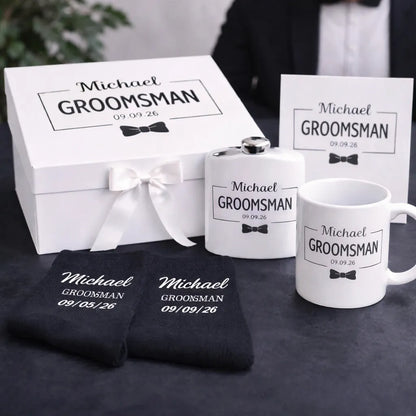 Groomsmen gift set with personalized mug, flask, and socks in a box.