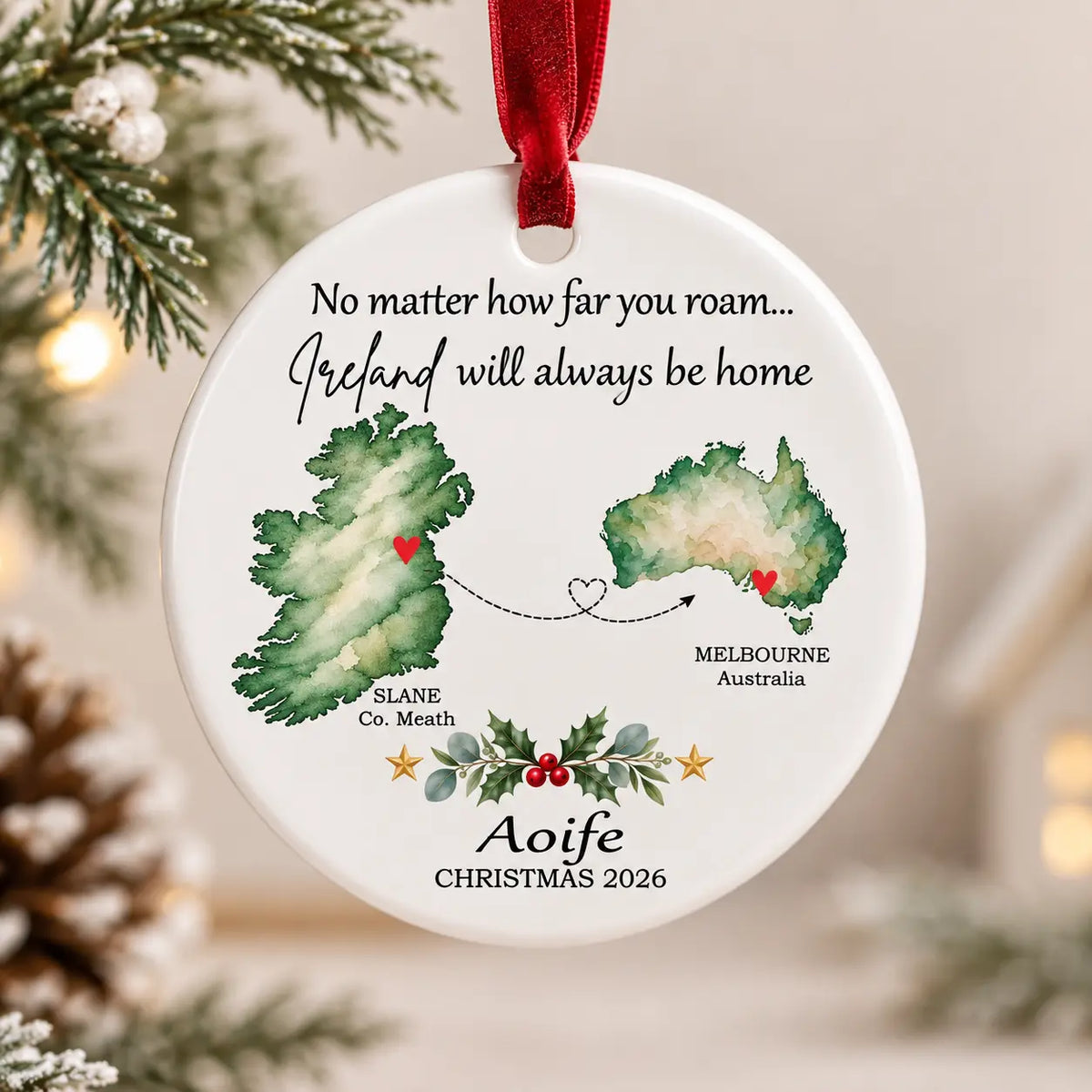 Personalised Ireland Christmas ceramic decoration connecting Slane Co. Meath with Melbourne Australia