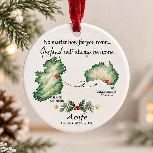 Personalised Ireland Christmas ceramic decoration connecting Slane Co. Meath with Melbourne Australia