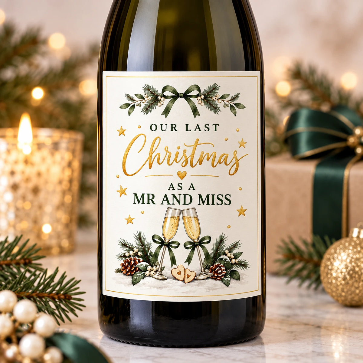 Personalised Last Christmas as Mr and Miss wine bottle label for an engaged couple with festive green and gold Christmas design