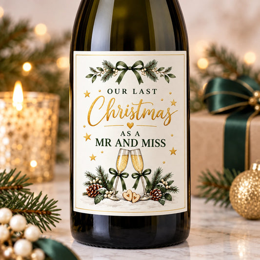 Personalised Last Christmas as Mr and Miss wine bottle label for an engaged couple with festive green and gold Christmas design