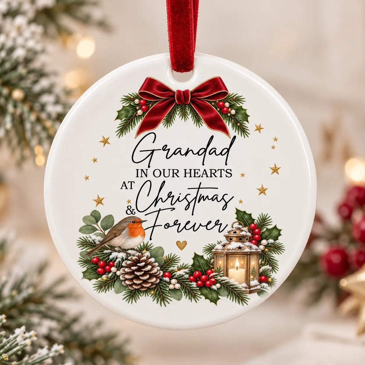 Personalised memorial ceramic Christmas decoration with robin, lantern, festive greenery and red velvet ribbon