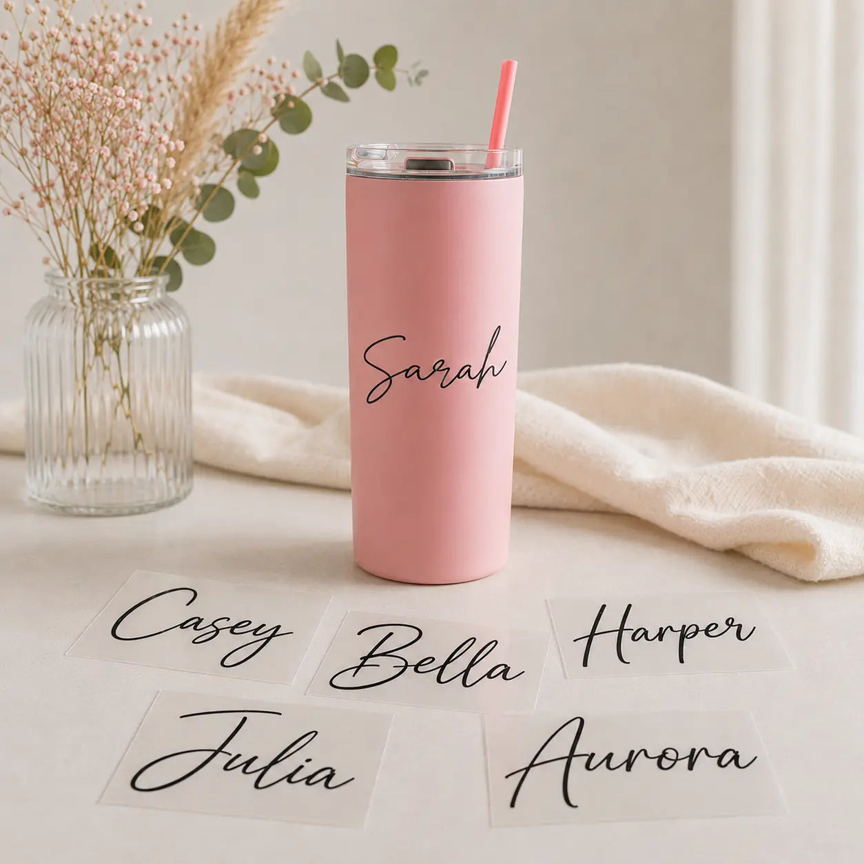 Personalised name vinyl decals in script lettering for applying to tumblers, bottles, gift boxes and other suitable smooth surfaces