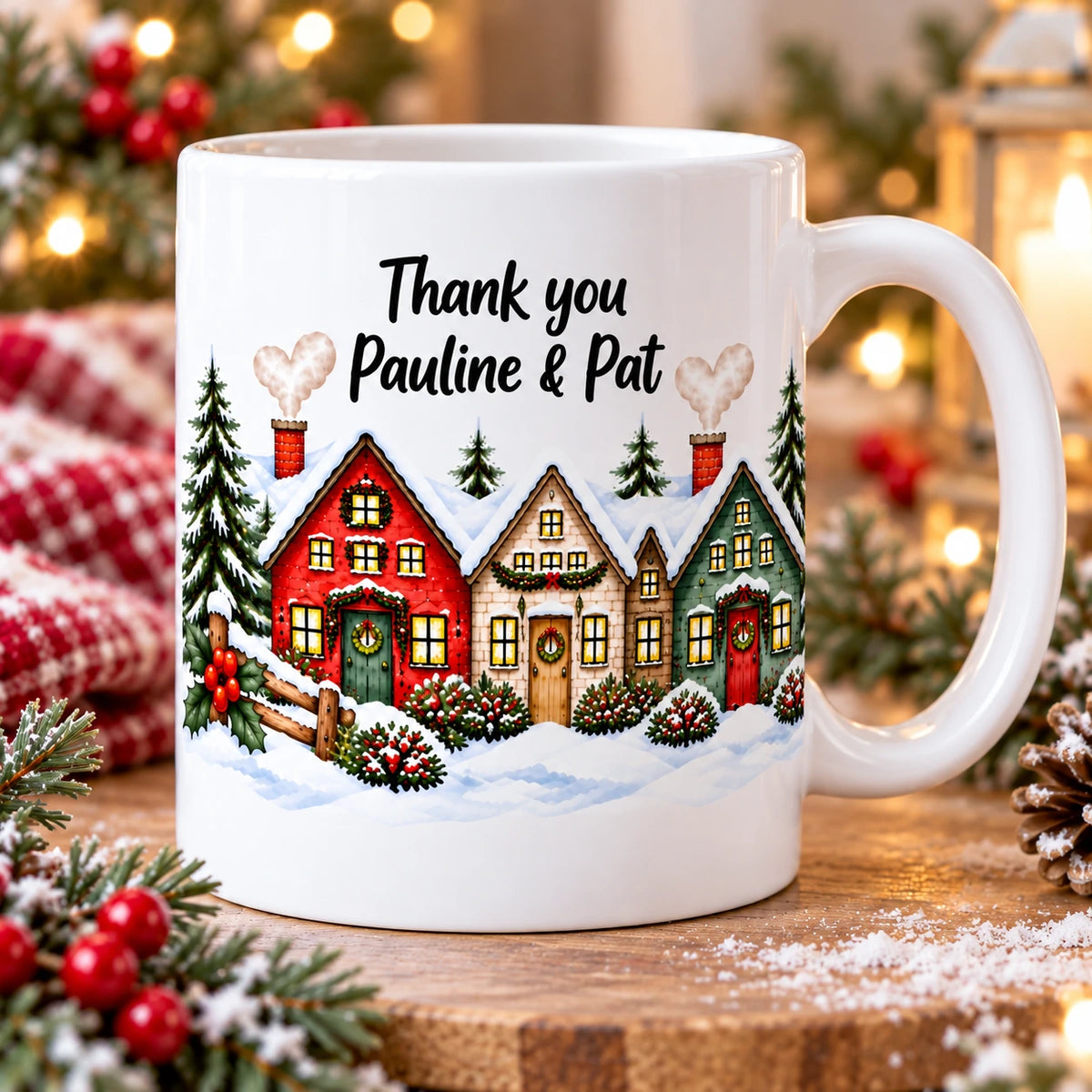 Personalised neighbour Christmas mug with snowy village and Neighbours Like You Are Precious and Few message