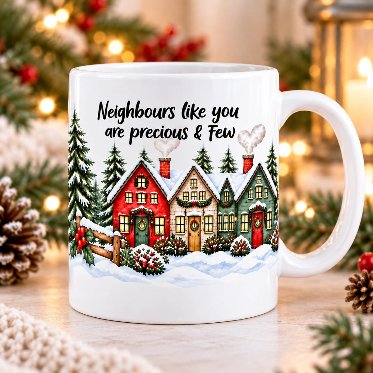 Personalised neighbour Christmas mug with Thank You Pauline and Pat message and festive snowy village design