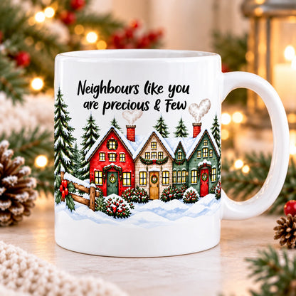 Personalised neighbour Christmas mug with Thank You Pauline and Pat message and festive snowy village design