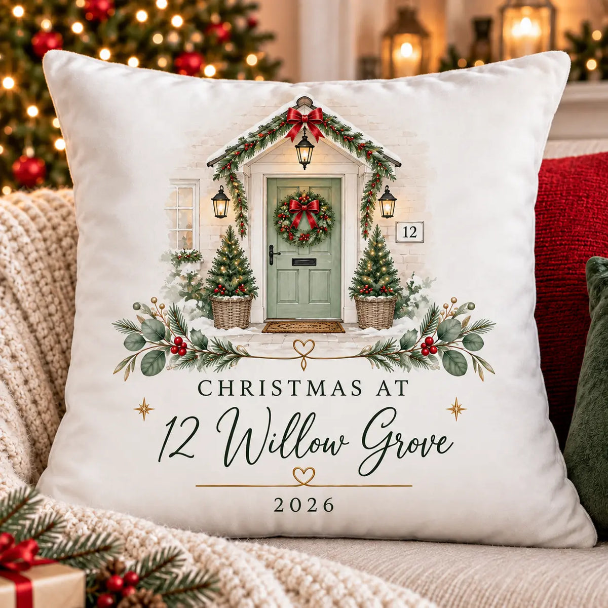 Personalised white velvet Christmas cushion with festive front door, home address and year moved in